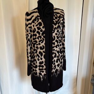 Mid-length leopard animal print cardigan sweater black beige gold medium